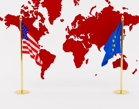 The American and European Union flag on a background of a card of the world. High resolution image. 3d illustration over white backgrounds.