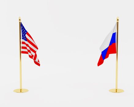 The American and Russian flags  isolated on white background. 3d illustration.