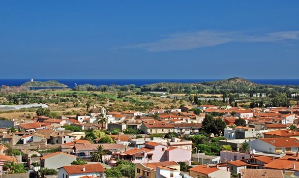 Sardinian town Pula with fort from above