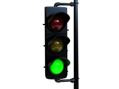 High resolution image traffic light green with light.  3d illustration over  white backgrounds.