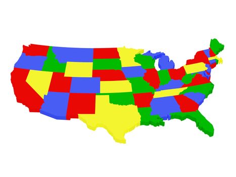 High resolution image multi-coloured map USA. 3d illustration over  white backgrounds.