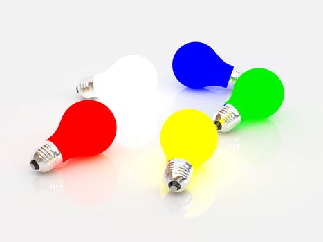 High resolution image multi-coloured bulbs. 3d illustration over  white backgrounds.