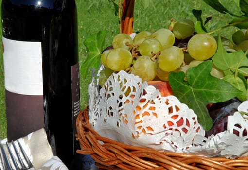 Wine still life on the grass with basket of fruits and glasses