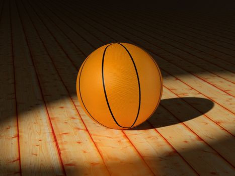 High resolution image. Basketball ball on a court - wooden floor. 3d illustration.
