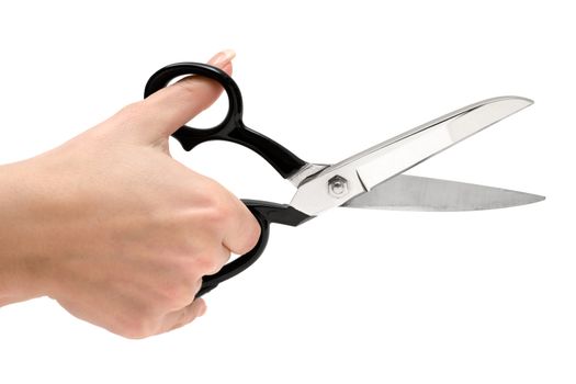 Hand with scissors isolated on a white background.