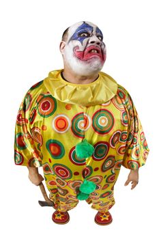 A nasty evil clown holding an axe, angry and looking mean. Fisheye lens with focus on the face.