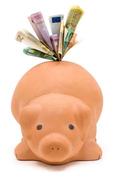 Stuffed piggy bank isolated on a white background.