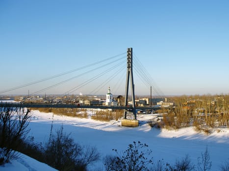 The foot bridge through the Tura river. The city of Tyumen