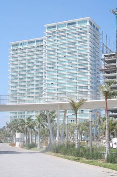 Luxury tropical hotel with deep blue sky