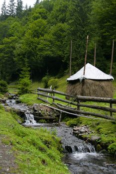 The mountain wood small river flows downwards