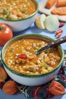 A bowl of chili beans and vegetables