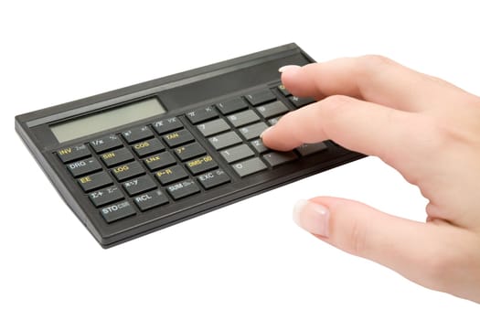 Female hand typing on a pocket calculator. Isolated on a white background.