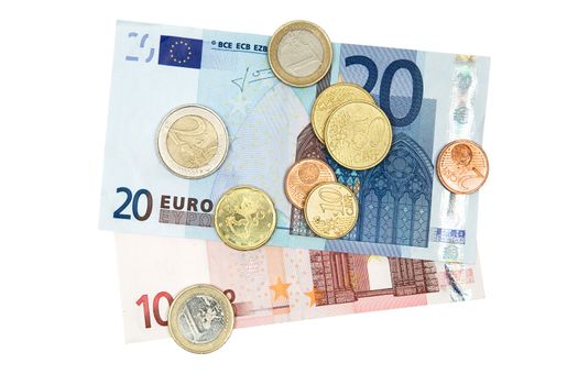 Euro coins and banknotes isolated on a white background.