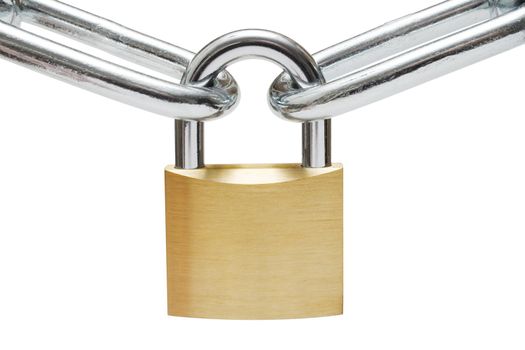 Golden padlock connecting two chain links. Isolated on a white background.