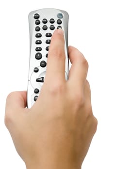 Holding a remote control. Isolated on a white background.