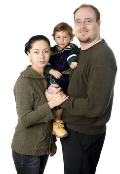 Interacial couple with small baby boy smiling isolated