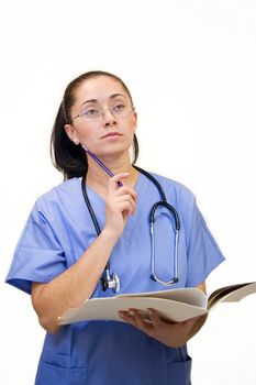 Pretty Hispanic nurse isolated on white with file folder