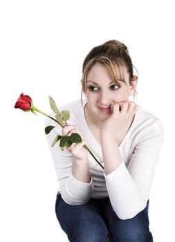 A teenager holding a rose with white background