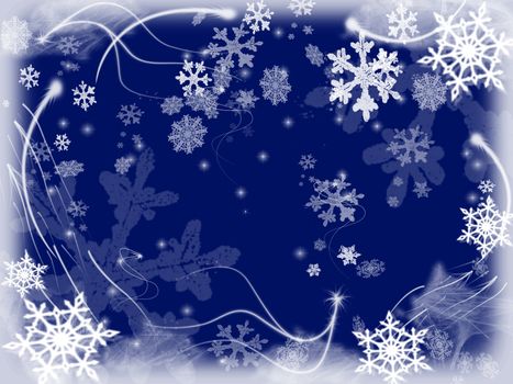 white snowflakes over dark blue background with feather corners
