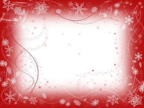 white snowflakes over red background with feather center
