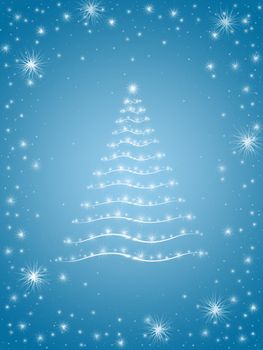 christmas tree drawn by white lights over blue background