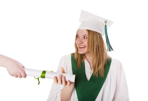 A teenager receives her diploma on a white background