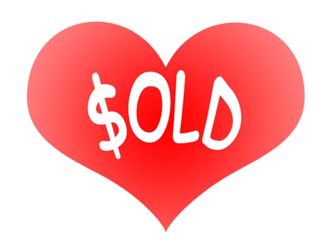 Tender Red Heart Symbol with Sold Inscription over White Background