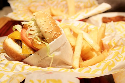 Hamburger and french fries in a basket