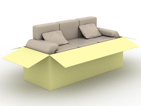 leather sofa in a packing box. 3D image.