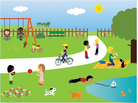 Vector illustration of children of different races and their pets playing together in the park