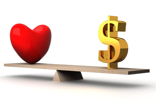 choice concept between love and money. 3D image.