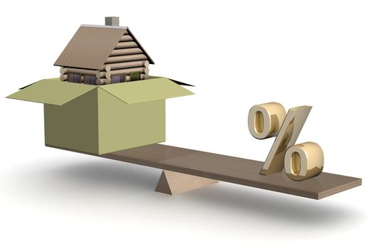 house in box and percent on scales. 3D image.