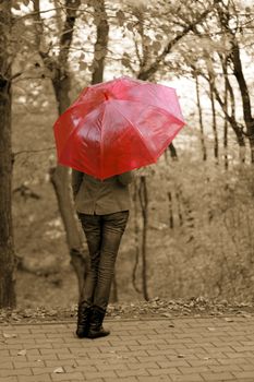 The girl with a red umbrella autumn yellow