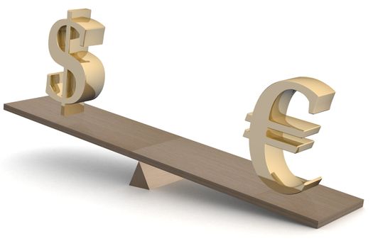 Dollar and euro on scales. 3D image.