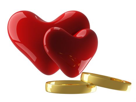 Two heart with wedding rings on a white background. 3D image.