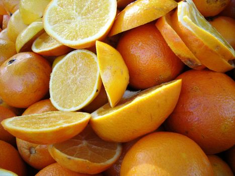 Oranges on the counter of sunday market "El Pozo" in Madrid /Spain/.