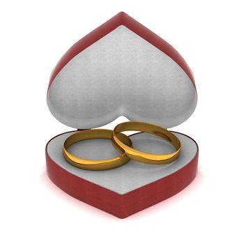 Gift box with gold rings in the form of heart. 3D image.