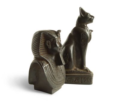 Stone Egyptian cats and pharaon Tutankhamon on a white background 