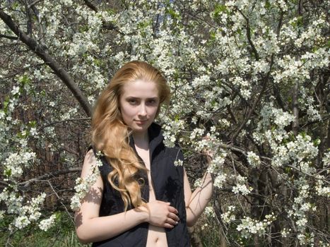 The young beautiful girl in blossoming cherry to a garden 