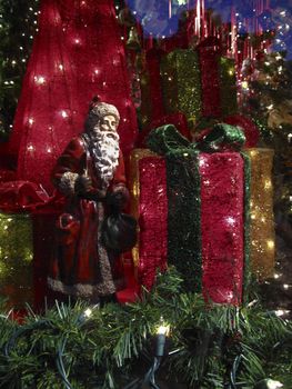 Arrangement of brightly lit Christmas decorations