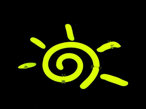 Neon sign shaped like a yellow swirl or sun