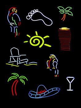 Several vacation related or tropical neon symbols