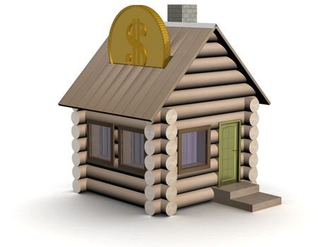 Wooden small house a coin box. 3D image.