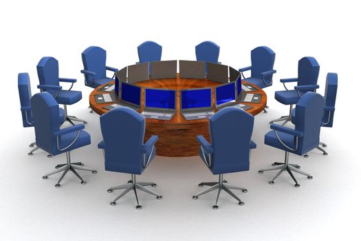 Twelve workplaces behind a round table. 3D image.