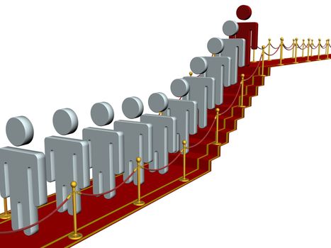 People standing on a red carpet path. 3D image.