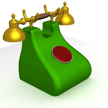 Old green phone with the red button. 3D image.