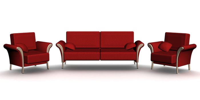 Red leather sofa and two armchairs. An interior. 3D image.