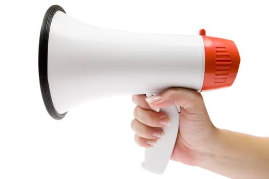 Holding a white megaphone. Isolated on a white background.