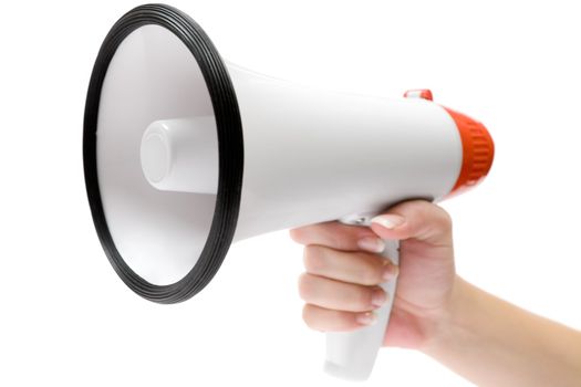 Female hand and megaphone. Isolated on a white background.