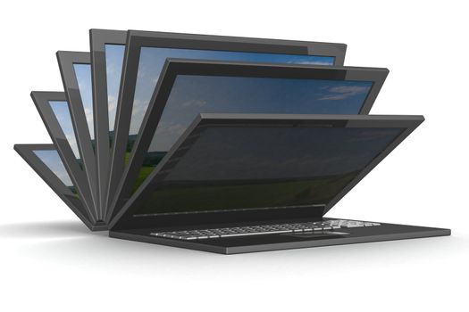 The opening laptop on a white background. 3D image.